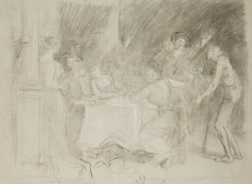 École FRANÇAISE du XIXe siècle
Scène de banquet
Fusain et rehauts de craie blanche sur papier.
(Pliures).
42,5 x 58,5 cm