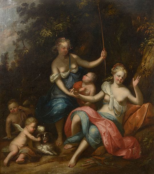 Adriaen van der BURG 
(Dordrecht 1693-1733)
Diane chasseresse et ses nymphes 
Toile.
Signée et datée en bas : A Van der Burgh 1731 (?).
(Restaurations anciennes).
116 x 103 cm