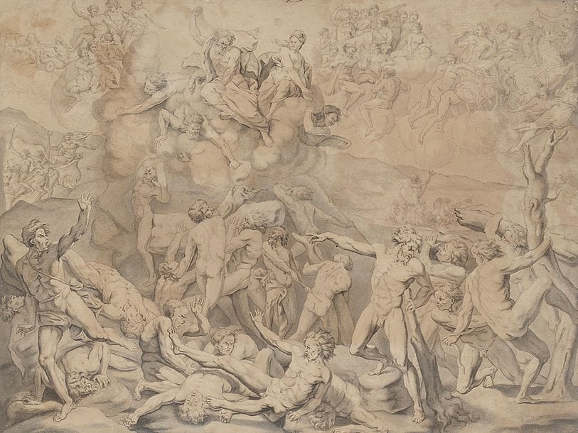 École flamande vers 1700
La chute des géants
Plume et encre brune, lavis gris. 
45 x 60 cm
