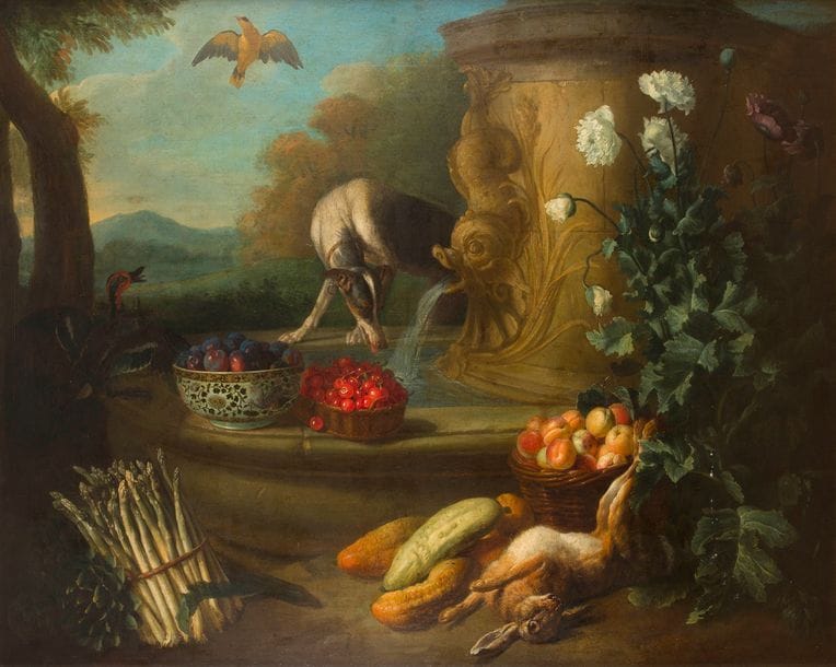 Claude-François DESPORTES
(Paris 1695-1774)
Nature morte au panier de raisin, coupe de pêches, prunes dans une coupe Wanli et singe guetté par un chien
Paire de toiles.
(Restaurations anciennes).
127 x 159 cm

Provenance : 
Succession de Madame Roussel.
Vente anonyme, Paris, Galerie Georges Petit, 25 mars 1912,  n°2 (comme Desportes père).
Vente anonyme, Paris, Palais d’Orsay, 6 avril 1978 n°15 et 16 (réunis).
Acquis à cette vente par les parents de l’actuel propriétaire. 

Exposition : 
Salon de 1737 : « Deux tableaux dont l’un représente un singe, qui renverse un panier de figues, beaucoup d’autres fruits et du gibier. L’autre, une fontaine et un bassin de pierre, dans lequel un chien boit, des fleurs de pavot, une botte d’asperges et du gibier, par Monsieur Desportes le fils, Académicien. »
 Fils et élève d’Alexandre François Desportes, Claude-François Desportes fut reçu à l’Académie Royale de Peinture en 1723 avec comme morceau de réception, une importante nature morte de fruits et gibiers, conservée aujourd’hui au musée du Louvre. Peintre ordinaire du Roi, il s’installe en 1739 dans les Galeries du Louvre à la place de son père.
