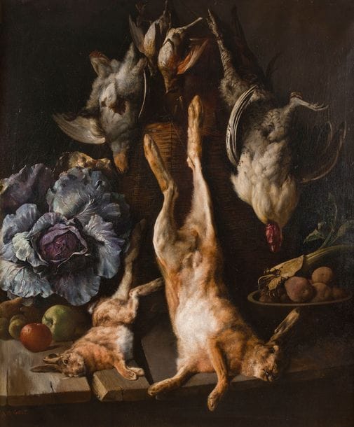 Antoine Marie GIROT 
(Paris 1809 - Hanovre 1885)
Trophée de lièvre, lapin, perdrix et coq
Sur sa toile d’origine.
Signée en bas à gauche : A. M. GIROT.
110 x 91 cm