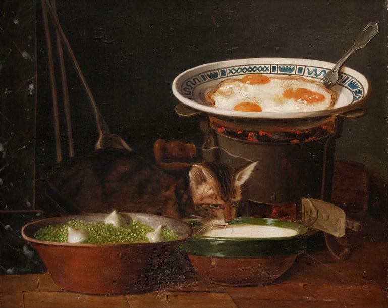 Gabriel Germain JONCHERIE 
(actif en France entre 1828 et 1844)
Le bol du lait du chat 
Sur sa toile et son châssis d’origine.
Signée et datée en bas à droite : joncherie 1838.
(Restaurations anciennes).
48,5 x 60 cm

Provenance : 
Vente anonyme, Paris, Hôtel Drouot, 23 mars 2000 (Me Tajan), n°38.
 Si l’on sait que Gabriel Germain Joncherie a participé à plusieurs reprises aux salons de Paris de 1831 à 1844, malgré tout, sa biographie reste lacunaire. 
Ses œuvres nous sont pourtant parvenues en assez grand nombre, essentiellement des trompe-l’œil, des natures mortes ainsi que quelques vues d’intérieur. La plupart témoigne, comme dans notre tableau, d’un goût certain pour les plaisirs de la table. 
Nous retrouvons le motif des œufs frits dans un plat en faïence blanc et bleu, sur un réchaud dans de nombreux tableaux de Joncherie, datés entre les années 1830 et 1840, notamment le tableau ayant figuré à la vente anonyme, Londres, 24 octobre 2018 (Bonhams), n°191 (toile, 60 x 73 cm), daté de 1842) ou celui ayant figuré à la vente anonyme, New York, 24 - 25 janvier 2008 (Sotheby’s), n°366 (toile, 45,5 x 37,2 cm). Tout comme ces derniers, notre tableau prolonge la tradition des peintures de natures mortes établies par Jean Baptiste Siméon Chardin.