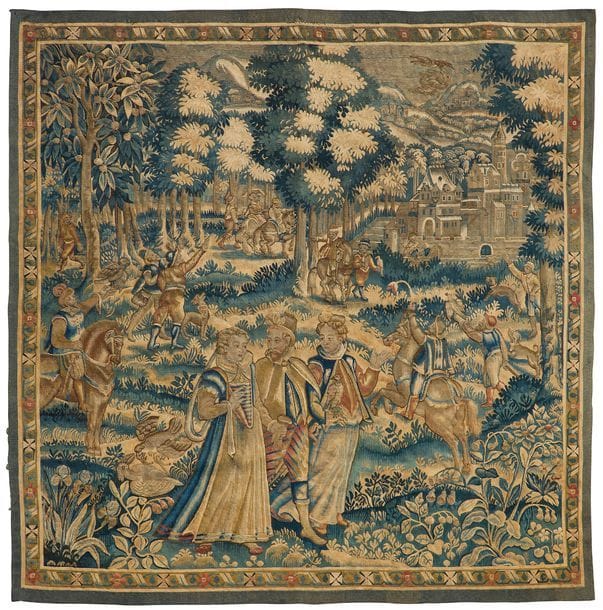 Tapisserie dans le goût flamand, représentant un paysage animé de chasseurs, la bordure à motifs géométriques. 
Style du XVIe siècle.
180x180 cm