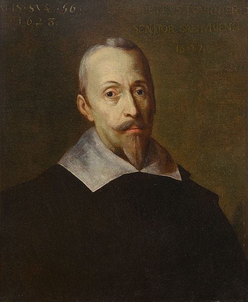 École FRANÇAISE du XVIIe siècle 
Portait d’homme en buste
Toile.
En haut à gauche : AETATIS SUAE 56 / 1628.
En haut à droite : PETRUS FOURNIER SENATOR-SAEMURIENSI / 1697.
Sans cadre.
(Restaurations anciennes). 
57 x 47 cm