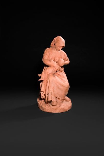 Jules-Aimé Dalou (1838-1902), d’après
La paysanne française allaitant son enfant
Épreuve en terre cuite.
Signé « Dalou » sur la terrasse.
A l’intérieur un tampon à l’encre illisible.
H : 51 cm

Bibliographie :
Jules Dalou, Le sculpteur de la République, catalogue de l’exposition tenue au Petit Palais à paris en 2013, RMN, Paris, 2013, modèle répertorié sous le n°285, p.355.