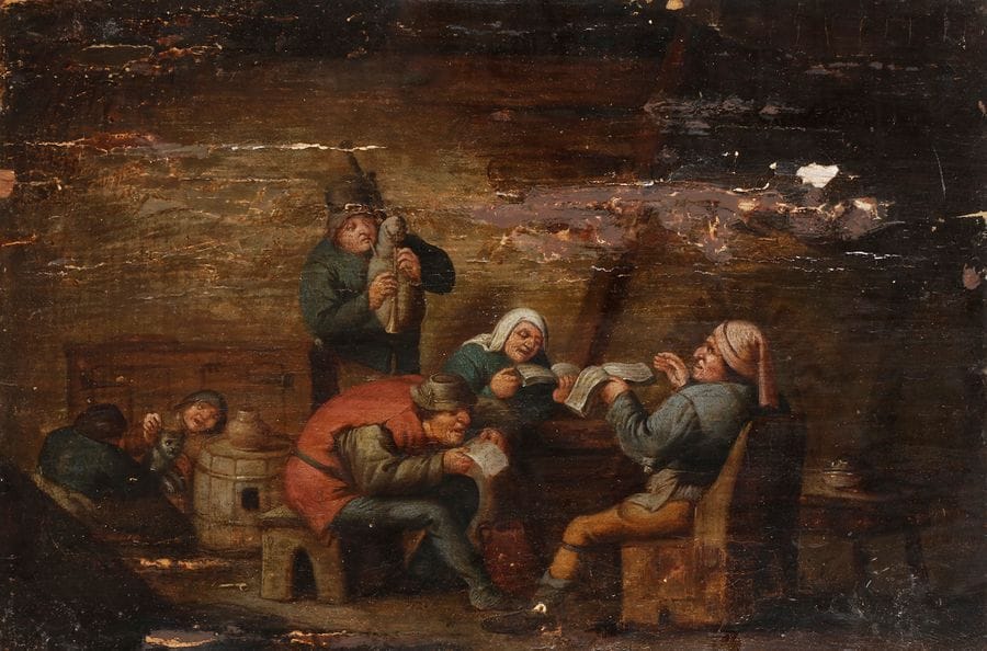 École FLAMANDE DU XVIIIe siècle
Musicien et chanteurs dans un intérieur 
Panneau parqueté.
(Nombreux accidents et soulèvements).
23 x 34 cm