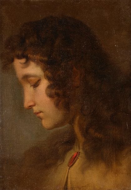 École ANGLAISE vers 1820
Femme au médaillon
Toile marouflée sur panneau. 
42 x 31 cm