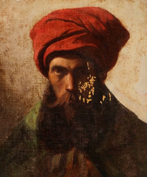 École FRANÇAISE du XIXe siècle
Portrait d’homme au turban
Toile. 
(Accidents et manques).
29 x 25 cm