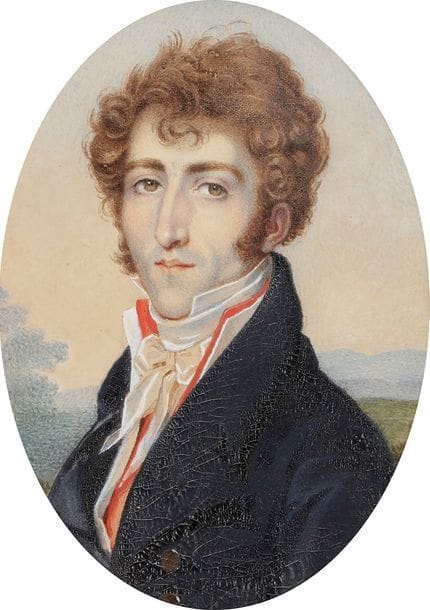Portrait de Jules Aymon de Montépin (1787-1859), député et pair de France, en buste vers la gauche, costume bleu, gilet rouge, sur fond de paysage.
Miniature sur vélin ovale à vue 9,2 x 7 cm
Cadre en laiton doré travaillé sur fond de velours ocre, ovale 16,6 x 14,1 cm
Identification ancienne au verso.

Provenance : 
Descendance famille de Montpatey ; coll. Charles-Henri de Cossart d’Espiès.
Pierre-François-Jules Aymon de Montépin fut député de Saône-et-Loire de 1830 à 1842, siégeant dans la majorité soutenant la Monarchie de Juillet puis pair de France de 1845 à 1848. Il épousa Adèle Giraud de Saint-Trys de Montbellet, d’où une fille unique la vicomtesse Imbert de Ballore d’où descendance Imbert de Ballore, Costa de Beauregard.