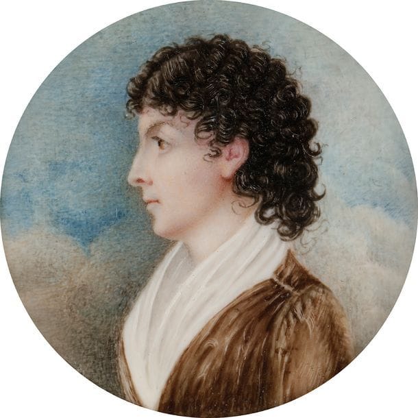 Mme Florin de Montpatey, 
née Sophie de Flacelière (1780-1864)
Jeune Femme brune cheveux frisés, en buste de profil à gauche, en robe marron, sur fond de ciel nuageux
Miniature sur ivoire du début du XIXe siècle, époque Empire diam. 5,3 cm, cerclage métal doré

Provenance : 
Descendance famille de Montpatey ; coll. Charles-Henri de Cossart d’Espiès.