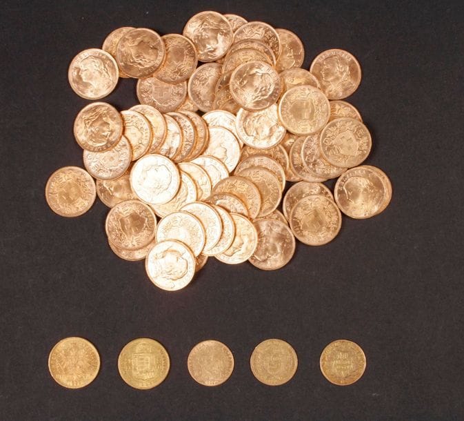 Lot de 69 pièces suisses et françaises en or, dans un sachet numéroté 2017163: 
- 64 pièces de 20 Francs suisse en or. Type Vrénéli.
- 1 pièce de 20 Francs en or Union Latine. Type François Joseph. 1882
- 1 pièce de 20 Francs en or Union Latine. Type François Joseph. 1889.
- 1 pièce de 10 Francs en or. Type Coq. 1906
- 1 pièce de 10 Francs en or. Type Napoléon III lauré. 1864 BB
- 1 pièce de 10 Francs en or. Type Cérès IIIe République. 1850 A (abimée)

