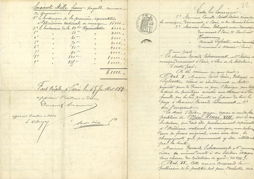 Camille SAINT-SAËNS (1835-1921). 43 L.A.S. et 1 P.S., 1880-1917, à Léonce Détroyat ou à Madame ; 86 pages formats divers, quelques adresses.
   Importante correspondance, en grande partie relative à Henri VIII, opéra en 4 actes, livret de Détroyat et Armand Silvestre [créé à l’Opéra le 5 mars 1883].
   15 décembre 1880. Vaucorbeil et Régnier lui ont parlé d’Inez de Castro « avec un enthousiasme extrême et Régnier a dû vous écrire pour vous engager à redemander votre poëme au grand maestro. Ils ne se soucient plus d’Henry VIII, ils craignent que le public ne s’interresse pas à un personnage non moins antipathique qu’historique. Nous pouvons voir à le placer en Angleterre, où j’ai trouvé des airs du temps très-intéressants, mais pour l’Opéra je crois qu’il n’y faut pas songer »… 10 janvier 1881. « Il paraît que M. Verdi vous laisse toute liberté et malgré l’attrait bien naturel que vous offrait la collaboration elle me semble bien aléatoire. Ayez donc l’obligeance de me répondre le plus vite possible si oui ou non vous m’autorisez à m’occuper d’Inez de Castro. Autrement, pour ne pas laisser perdre une occasion que je ne retrouverai peut-être jamais, je me verrais forcé à mon regret de me tourner d’un autre côté »… 17 janvier. Il a bien compris que Détroyat ne renonçait pas à « l’espoir de la collaboration princière du maestro Verdi ». Cependant « il était évident pour moi que le vent m’était favorable, bien que la cause de ce changement de temps me soit inconnue et je craignais en laissant passer le moment qu’un autre – un autre larron ! – vînt à la traverse. Maintenant tout va marcher sur des roulettes. […] qui sait, dans un an à pareille époque, peut-être serons-nous en pleine répétition ! »… 22 janvier. Compte rendu d’une réunion avec Régnier et Silvestre, et conseils pour obtenir un traité de Vaucorbeil avant que Régnier ne se retire de l’Opéra… 27 mars. « Il y a un fait, c’est que la musique me vient toute seule en tête quand je pense à Henri VIII et ne me 