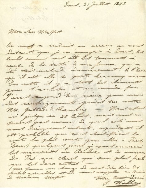 Sigismund THALBERG (1812-1871). 5 L.A.S., 1845 et s.d., à l’éditeur musical Étienne Masset, à Paris ; 6 pages et demie in-4 ou in-8, 2 adresses.
   Ems 31 juillet 1845. « Dans quelques jours je vous enverrai les manuscrits du Barbier et du morceau du Pré aux clercs qui sera plus facile que les deux autres »… 7 mars. « Vous savez que lorsque cette petite discussion a eu lieu à cause de Don Pasquale, ma femme a exigé que je lui fasse cadeau du manuscrit. Je le lui ai demandé, et elle me l’a refusé ! – Avec la meilleure volonté, je ne puis donc rien faire »… Boulogne 6 juillet. Prière de faire adresser à Boulogne tous les numéros du Constitutionnel depuis le 1er juillet : ils ne lui sont pas parvenus à Londres… Samedi soir. Rien ne pouvait lui faire plus plaisir que le charmant joujou : « je désirais avoir un Harmonium et en rentrant chez moi je l’ai trouvé me tendant ses bras de pallissandre »… [Paris]. « Hier et aujourd’hui j’ai tant entendu crier contre cette salle du Gymnase que je n’ose vraiment pas y donner de concert. Je vous prie donc de faire retirer les annonces des journaux et d’interrompre les négociations »…