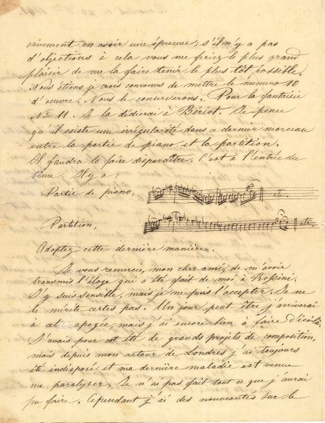 Henri VIEUXTEMPS (1820-1881). 3 L.A.S., Bruxelles et Francfort 1841-1845, à l’éditeur musical Étienne Masset, à Paris ; 7 pages et quart in-4 ou in-8, 2 adresses (petit trou et légères déchirures réparées à la 1ère par bris de cachet).
   Belle correspondance du violoniste sur ses concertos et sur Richard Wagner.
   Bruxelles 23 octobre 1841. Il éprouve une joie d’enfant à voir son concerto gravé, et en demande une épreuve ; ils étaient convenus de « mettre le numéro 10 d’œuvre. […] Pour la fantaisie N° 11 je la dédierai à Bériot », mais il signale dans ce dernier morceau, avec 2 lignes de musique, une « irrégularité » entre la partie de piano et la partition. Il est sensible à l’éloge immérité qu’on a fait de lui à Rossini : « Un jour peut-être j’arriverai à cet apogée […]. Voudriez-vous graver le caprice que vous avez entendu un soir chez Wolff, intitulé Les Arpèges ? Je pourrai dans ce cas y mettre de suite la dernière main »… Il termine par une anecdote sur le voyage de son ami « Schl. » [Schlesinger] en Russie… Francfort s/m 26 août 1845. Il annonce l’envoi de son concerto : « Le violon principal est écrit avec le plus grand soin au dessus de la partie de piano. Les coups d’archets, les doigtés, les plus petits détails y sont indiqués ». Il a été appelé « par le Roi de Prusse à prendre part aux concerts qui ont été donnés pour la Reine Victoria à Cologne, aux châteaux de Stolzenfels et de Coblence », et le Roi de Hollande lui a donné « la décoration de la Couronne de Chêne »… Il va envoyer à Masset l’Hommage à Paganini et les Romances sans paroles, à publier en s’entendant avec Schuberth et Cie, à Hambourg… Francfort 5 décembre 1845. Il a tiré 1000 fr. sur Masset. Il rappelle « que dans le temps vous avez eu la complaisance de donner à ma demande 300 fr. à Mr Wagner et m’être porté garant pour lui pour la somme de 150 fr. Comme Mr Wagner occupe maintenant une place importante à Dresde où il est maître de chappelle, et qu’il est en état de payer lui-même c