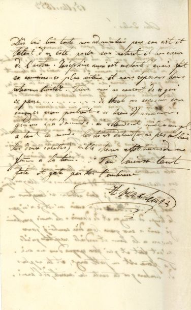 Henri VIEUXTEMPS. L.A.S., 15 mars 1853, à Jules ; 1 page ¾ in-8 (montée sur carton).
   « Je suis harcelé de concerts et de fatigue je passe ma vie sur les chemins de fer et n’ai souvent pas le temps de me débarbouiller avant de jouer en arrivant, depuis mon départ de Marseille j’ai joué dans 5 concerts à Paris outre cela à Dijon à Nantes à Bruges et demain à Amiens, et cela continue tout le mois »…