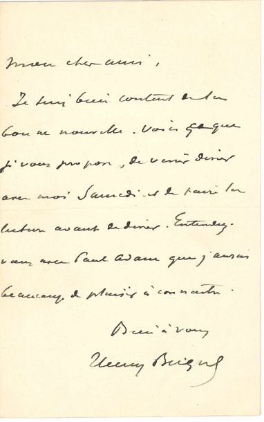 Henry BECQUE (1837-1899). 3 L.A.S. ; 5 pages in-8 ou in-12.
   « Ce que vous me demandez pour La Parisienne on me l’a demandé autrefois pour Les Corbeaux. Mes amis littéraires auraient désiré comme un programme de l’art dramatique nouveau. Je n’ai ni la force ni le goût de l’écrire. [...] J’ai toujours résisté à la tentation et vous savez si elle est grande pour un auteur, de parler de moi, de défendre mes ouvrages, de les appuyer sur des théories qui m’intéressent mais sans me convaincre »... – Pour un dîner avec Paul Adam « que j’aurais beaucoup de plaisir à connaître »... – « Je ne sais plus pourquoi ma comédie L’Enlèvement figure parmi mes autres ouvrages. Elle n’a jamais été imprimée, ce n’est pas assez de dire qu’elle m’appartient, elle n’existe plus »... 
   On joint un manuscrit autographe signé de Lucien Muhlfeld, article sur La Parisienne de Becque, représentée au Théâtre Antoine (1899), un chef-d’œuvre, dont il critique la mise en scène et les interprètes (10 p. petit in-4).