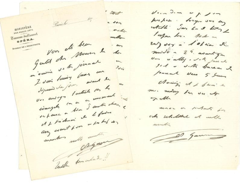 Charles GARNIER (1825-1898). 6 L.A.S., 1874-188–, à Léonce Détroyat ; 8 pages et quart in-4 ou in-8, en-têtes Ministère des Travaux publics [ou Ministère des Beaux-arts]… Travaux du nouvel Opéra.
   Expression de sympathie lors d’un accident. Il est prêt à causer avec lui, mais il n’est point le maître : « c’est l’instant du coup de feu à l’Opéra et je ne pourrai quitter alors ma boutique » (7 juillet 1874)… Prière d’insérer un avis dans son journal… Il lui adressera un article sur les évangiles… Il voudrait publier un article sur la Bible de Hachette illustrée par Bida… Indication des moments où le trouver dans son bureau à l’Opéra…