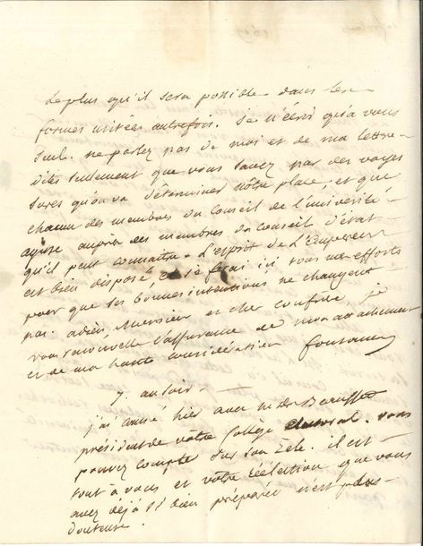 Louis de FONTANES (1757-1821) écrivain et homme politique, Grand Maître de l’Université, ami de Chateaubriand. L.A.S., 7 au soir [1809 ?], à un confrère ; 2 pages in-4.
   Le rang de l’Université dans les cérémonies publiques est un point important, dont il s’est occupé avec le Grand Maître des Cérémonies ; l’Empereur était prêt à signer mais a tout renvoyé au Conseil d’État... « Il serait bon, je crois, de faire quelques recherches sur les anciennes prérogatives de l’université de Paris. Il me paraît qu’on veut rentrer le plus qu’il sera possible dans les formes usitées autrefois »… Que chaque membre du Conseil de l’Université agisse auprès des membres du Conseil d’État qu’il peut connaître. « L’esprit de l’Empereur est bien disposé »… 
   On joint une l.a.s. de la duchesse d’Abrantès évoquant le souvenir de Junot (plus une de sa fille Joséphine)