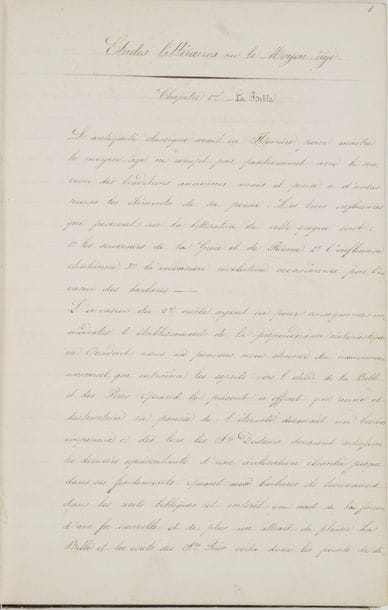 Éva Gonzalès (1849-1883) peintre, amie et élève de Manet ; elle épousa (1879) le peintre-graveur Henri Guérard. Manuscrit autographe signé « Eva Gonzalès », Études littéraires sur le Moyen Âge ; volume in-8 de 210 pages, cartonnage d’époque dos basane noire (dos restauré).
   Rare manuscrit de jeunesse (Éva Gonzalès mourut à l’âge de 34 ans). Cahier de cours ou de notes de lecture, signé en fin, rassemblant des textes sur les origines bibliques de notre littérature, la littérature sous Charlemagne, la scolastique (Abélard), les poésies des bardes, les jongleurs, les trouvères, les romans allégoriques (Roman du Renard, Roman de la Rose), les mystères, miracles et pastorales, les chroniqueurs (Villehardouin, Joinville)… Quelques aperçus des littératures espagnole et italienne, de l’architecture médiévale ; tableau des Croisades.
   On joint un poème autographe signé par Auguste Lefebvre, dédié A Mlle Eva Gonzalès.