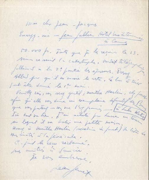 Jean GENET (1910-1986). 3 L.A.S., 2 P.A.S. et 1 L.S., Paris et Cannes 1947, à Jean-Jacques Pauvert ; 5 pages in-4 (une déchirée en plusieurs morceaux) et 1 page oblong in-8, 2 enveloppes.
   Sur ses pièces Haute surveillance, et Les Bonnes [celle-ci fut créée à l’Athénée le 19 avril 1947].
   Paris 27 janvier 1947. Cession de Haute surveillance (titre ajouté à la main) à 60 exemplaires hors commerce. « La propriété cédée est celle de la copie dactylographiée de cette pièce […] Pour cet abandon de droits, je recevrai 130.000 fr. dont 30 (trente) à remise du manuscrit, et 100 (cent), le 15 mars 1947 »… [Cannes fin mars 1947]. « Voulez-vous avoir la gentillesse de m’envoyer le plus tôt possible recommandé la version de Haute surveillance corrigée par Barrault. Faites aussi que les 50.000 fr. m’arrivent pour le 13. Envoyez un mandat télégraphique au nom de Jean Gallien Hôtel Méditerrannée Cannes. Je sais que je vous dois 5.000 fr. Mais je serais content si vous les reteniez à la fin, sur le dernier versement »… [Cannes 31 mars 1947]. « Soyez gentil de me faire parvenir la dactylographie de Haute surveillance, celle qui est corrigée par Barrault. […] Dites-moi si vos rapports avec Gallimard sont aussi cordiaux »… Il donne les coordonnées à Cannes de Mme Maglia, avec qui Pauvert devra traiter « pour nos prochaines affaires »… [Cannes 7 avril 1947]. « Envoyez-moi – Jean Gallien Hôtel Méditerranée à Cannes 50.000 fr. Faites que je les reçoive le 13. Sinon ce serait la catastrophe. Mandat télégraphique. Gallimard a la 2e partie des épreuves. Pressez Allard pour qu’il m’envoie le reste. Le bon à tirer peut être donné le 1er mai. Veuillez voir, vous serez gentil, Marthe Herlin, chez Jouvet afin qu’elle vous donne un exemplaire définitif des Bonnes que vous porterez – vous me l’avez promis – à Lulu Watier. Ici tout va bien. J’ai acheté pour Lucien un terrain sur lequel il va bâtir une petite maison »… Il faut aussi donner à Marthe Herlin la liste des invités à la générale