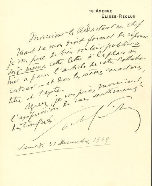 Sacha GUITRY (1885-1957). L.A.S., 31 décembre 1949, à un rédacteur en chef ; 1 page in-4.
   « Usant de mon droit formel de réponse je vous prie de bien vouloir publier ce soir même cette lettre à la place où hier a paru l’article de votre collaborateur – et dans les mêmes caractères, titre et texte »...
   On joint une l.a.s. de Tristan BERNARD à Paul Milliet (1904).