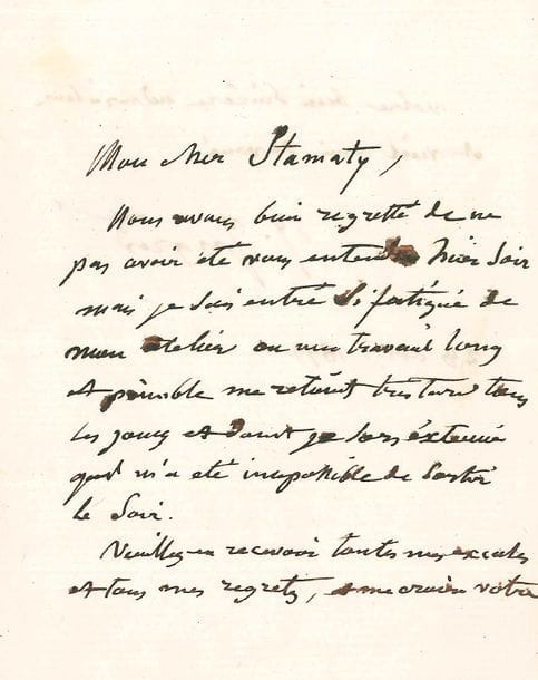 Jean-Dominique INGRES (1780-1867). L.A.S., Paris 28 avril 1849, au pianiste Camille Stamaty ; 1 page et demie in-12.
   Il regrette de n’avoir pu aller l’entendre la veille, « mais je suis rentré si fatigué de mon atelier où un travail long et pénible me retient très tard tous les jours et dont je sors exténué qu’il m’a été impossible de sortir le soir »…
   [Ingres connaît depuis son enfance le pianiste et compositeur Camille-Marie Stamaty (1811-1870), qui figure, âgé de sept ans, sur le célèbre dessin représentant la famille Stamaty ; sa sœur aînée Pauline-Atala fut l’élève d’Ingres.]