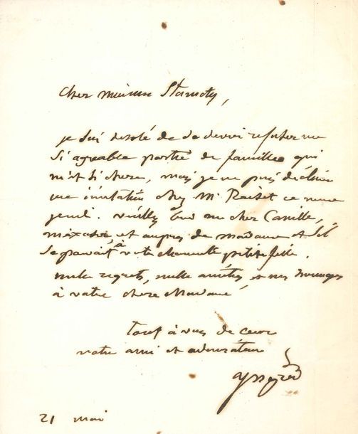 Jean-Dominique INGRES. 2 L.A.S., [Paris 1850], au pianiste Camille Stamaty ; 1 page in-8 chaque (petit deuil), une adresse.
   Mercredi 6 mars [1850]. Il ne peut venir à son concert ce soir : « un rhume très violent qui me donne la fièvre me force à garder ma chambre et le lit » ; il l’assure de son attachement et de son admiration.
   21 mai [1850]. Il regrette de « devoir reporter une si agréable partie de famille qui m’est si chère, mais je ne puis décliner une invitation chez M. Reiset ». Il prie de l’excuser auprès de sa femme et de sa petite fille…