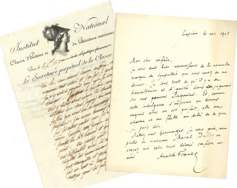 Littérature. 7 L.A.S. et 2 cartes de visite autogr.
   François Andrieux, Léon Bonnat, Georges Calmann-Lévy, Elme Caro, Bon-Joseph Dacier (à un confrère), Émile Deschanel (à la suite d’une lettre de Gustave Merlet à lui adressée), Anatole France (à Marcel Ballot), Arsène Lambert (à Marie Kann), Pierre-Édouard Lemontey (à Gustave de Gérando).