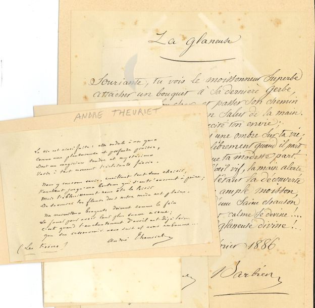 Littérature. L.A.S. et 6 pièces ou poèmes a.s. pour un album d’autographes.
   Jules Barbier (La Glaneuse), François Coppée (sérénade extraite de Severo Torelli), Alexandre Dumas fils, Georges Ohnet, Édouard Pailleron (quatrain), André Theuriet (3 strophes extraites des Foins, avec l. d’envoi à une demoiselle).