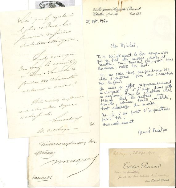 Littérature. 16 lettres, cartes ou pièces, la plupart L.A.S.
   Hervé Bazin, Tristan Bernard, Théodore Botrel, Jules Claretie, Victor Cousin, Paul Fort, Émile de Girardin, Edmond de Goncourt, Sacha Guitry, Alphonse de Lamartine, Auguste Maquet, Jules Massenet, Lucien Prévost-Paradol, Russ Tamblyn (photo avec p.a.s.), Paul Valéry.
