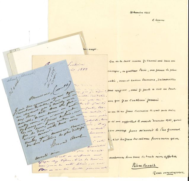 Littérature. 41 lettres ou pièces, la plupart L.A.S. ou envois a.s. découpés de livres.
   Edmond About (3), Pierre Benoit, Paul Colin, Georges Duhamel, Émile Gebhart, André Theuriet. Envois par Paul Acker, Léon Daudet, Claude Ferval, Max et Alex Fischer, Maxime Formont, Abel Hermant (4), Robert de La Sizeranne, Henry de La Vaulx, René Maizeroy, Paul Milliet (à Paul de Saint-Victor), Marcel Prévost (3), Paul Reboux, André Rivoire, Valentine de Saint-Point (2), Léon Séché, Auguste Vacquerie (à Judith Gautier), Eugène-Melchior de Vogüé, Colette Yver (2), etc.
