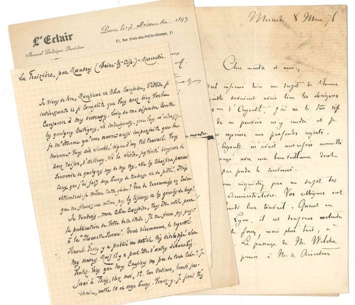 LITTÉRATURE. 7 L.A.S. ou P.A.S., une P.S. et une épreuve avec corrections autographes.
   François COPPÉE (2), dont une chaleureuse lettre à Gabriel Vicaire, auteur d’une étude sur son œuvre : « Si la sévère postérité conserve le souvenir de quelques-uns de mes vers, elle les choisira parmi ceux que j’ai faits aux heures de tendresse et de pitié » (1888) ; et réponse à une enquête sur la légende napoléonienne, 1893).
   Hermann HESSE, poème dactylographié (d’après Saint Bernard) avec envoi a.s. (1955).
   Georges LAFENESTRE (2), une à Louis de Ronchaud, parlant de Marie d’Agoult, sa dernière maladie et ses obsèques (1876).
   Raoul PONCHON : 2 lettres belles et drôles à Sarah Bernhardt, épinglant Félicien Champsaur, « ce vidangeur de lettres », Aurélien Scholl et Arsène Houssaye, « cette vieille barbe qui traîne encore dans les cuvettes »… Il parle aussi de Louis II de Bavière et de la tournée de Sarah au Brésil, en compagnie de son jeune fils Maurice [1886].
   Rudolf STEINER : L.A.S. avec Otto et Otto Erich HARTLEBEN à Paul Quensel (1898), amusant message collectif à propos d’Um die Scholle de Quensel.
   SULLY-PRUDHOMME. Belle l.a.s. à une poétesse sur la poésie philosophique (15 août 1896). Manuscrit du fameux poème Ici-bas ; et épreuve du poème Sur une pensée de Pascal, avec corrections autographes.
   On joint 2 l.a.s. d’A. Soye (gérant de la librairie Cherbuliez, 1863-1864, à Arnould) ; et un laissez-passer franco-allemand pour les musiciens Paul et Gabriel Lemaître (Paris et Asnières, 28 février 1871).