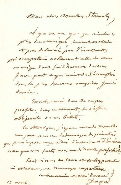 Jean-Dominique INGRES. L.A.S., Paris 17 avril [1852], au pianiste Camille Stamaty ; 1 page in-8.
   Sur la musique et sur son remariage [Ingres épouse le 15 avril 1852, en deuxièmes noces, Delphine Ramel].
   « Il y a un an que je n’entends plus de musique, souvent malade et puis détourné par d’incessantes préoccupations nottament celle de mon mariage dont j’ai l’honneur de vous faire part et qui vient de s’accomplir sous les plus heureux auspices jeudi dernier ». Il regrette « de ne pas profiter, dans ce moment de l’offre obligeante de vos billets. La Musique, j’espère, aura sa revanche un jour pour me dédommager des privations que je m’impose aujourd’hui d’entendre et d’admirer celle que vous faites avec une si haute perfection ! »…