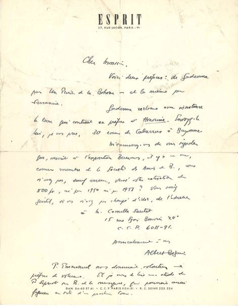 Littérature. 17 lettres et 2 P.S., la plupart L.A.S. à l’éditeur Robert Carlier.
   Raymond Abellio, Albert Béguin, Marcel Lallemand (4, plus un télégramme), Jean Lambert (à propos de la correspondance Gide-Bussy), Henry de Montherlant (2 à Sven Nielsen, et 2 contrats, 1945-1946), Francis Ponge, Guy Poulon, Jean Roudaut (liste de ses articles), Gilbert Rouger (sur Rétif de la Bretonne), Jean Queval (2), Jean Savant, Marie Toulet (sur l’œuvre de son mari). On joint qqs photocopies (lettres de Céline à Gallimard).