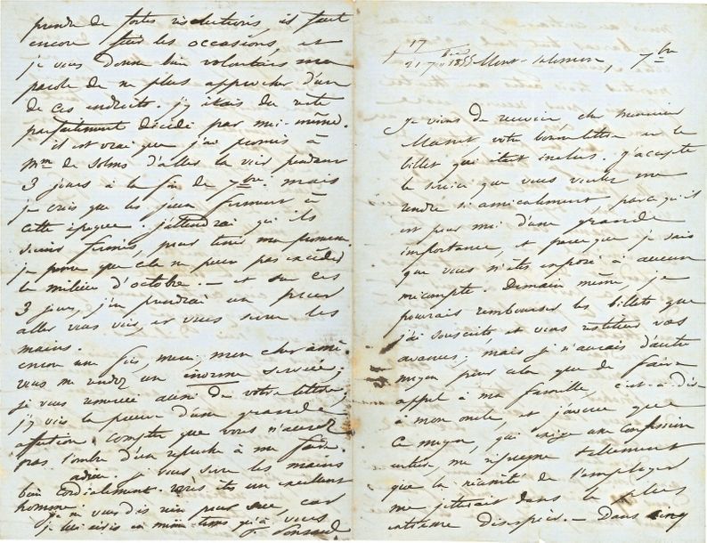 François PONSARD (1814-1867). 10 L.A.S., [vers 1850-1856], à son ami l’éditeur musical Étienne Masset ; 36 pages in-8, une adresse.
   Intéressante correspondance sur ses rapports avec Marie de Solms et Eugène Sue, sur ses finances et son théâtre. La première lettre doit dater du début des années 1850 : Ponsard parle de sa rencontre avec Eugène Sue : « j’aimais déjà beaucoup l’écrivain, et j’aime maintenant l’homme bon, simple, affable et cordial » (Vienne 16 septembre)… Peu après, il déborde de reconnaissance pour un arrangement financier avec Masset qui lui évitera de confesser à son oncle sa pratique du jeu. « Je n’ai qu’à montrer trois actes au Théâtre Français, pour recevoir une prime de cinq mille francs au moins. Sur la présentation du manuscrit, je toucherai trois mille francs chez Michel Lévy »… Il est « rudement puni, et la leçon comptera » : il ne se rendra auprès de Mme de Solms qu’après la fermeture des jeux (Mont-Salomon 17 septembre [1855])… Il rappelle ses consignes de discrétion : si on parle devant Masset de Mme de S., il faut « dire que vous savez qu’il n’y a entre nous que des rapports de bonne amitié » ; des échos d’une soirée privée à Chambéry où il a joué Horace et Lydie avec Mme de S. ont blessé Sue (Paris 12 novembre [1855])… Au cours de l’hiver 1856, il annonce triomphalement l’achèvement d’une comédie en 5 actes et en vers, La Bourse, écrite avec une « ardeur furieuse » en s’enfermant à la campagne. Le directeur de l’Odéon est venu lui proposer un traité, les acteurs qu’il souhaite et une première représentation du 10 au 15 mars (Vienne samedi)… Tout compte fait, il profite de la situation : « Je suis peut-être insensé ; mais au fait je ne risque pas grand’chose. L’Odéon me vaudra bien au moins 25 mille fr. Je demande au ministre non pas 25 mille francs, mais 40 mille francs de prime, et 20 mille francs à la 40me représentation – sinon, je vais à l’Odéon » (mercredi)… Les deux dernières lettres racontent fébrilement ses amours refroidie