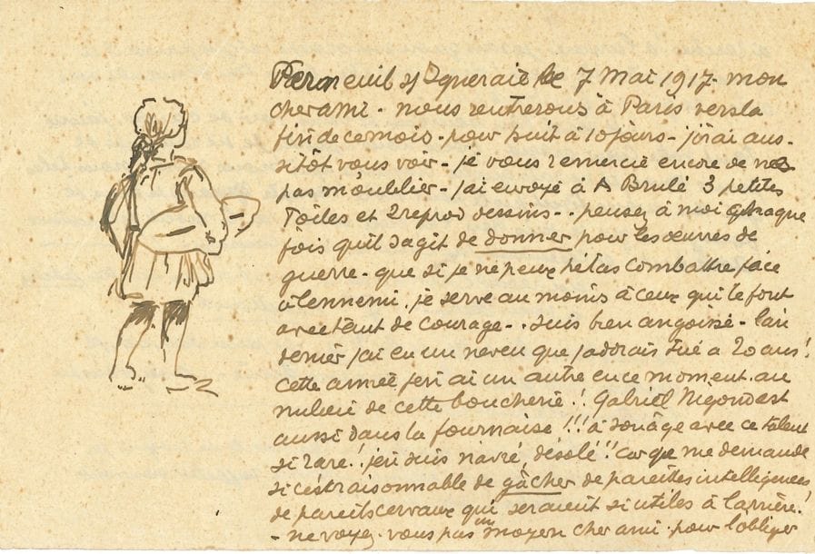 Fernand Maillaud (1862-1948). L.A.S. avec dessin, Verneuil-sur-Igneraie 7 mai 1917, à un ami [Marius Leblond ?] ; 2 pages oblong in-8.
   « J’ai envoyé à A. Brulé 3 petites toiles et 2 repros dessins. Pensez à moi chaque fois qu’il s’agit de donner pour les œuvres de guerre. Que si je ne peux hélas combattre face à l’ennemi, je serve au moins à ceux qui le font avec tant de courage. Suis bien angoissé. L’an dernier j’ai eu un neveu que j’adorais tué à 20 ans ! Cette année j’en ai un autre en ce moment au milieu de cette boucherie ! Gabriel Nigond est aussi dans la fournaise !!! à son âge avec ce talent si rare ! J’en suis navré, désolé ! Car je me demande si c’est raisonnable de gâcher de pareilles intelligences, de pareils cervaux qui seraient si utiles à l’arrière ! »… Dessin à la plume d’une petite fille portant un pain sous le bras.