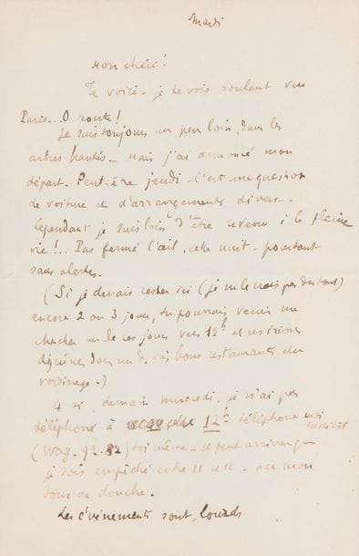 Paul VALÉRY. L.A., Mardi, à « Mon chéri » [sa maîtresse Jean Voilier] ; 1 page in-8 (encadrée avec reproduction d’un dessin).
   « Te voici – je te vois roulant vers Paris… Ô route ! Je suis toujours un peu loin, dans les arbres hantés… Mais j’ai annoncé mon départ. Peut-être jeudi – c’est une question de voiture et d’arrangements divers. Cependant je suis loin d’être revenu à la pleine vie !.. Pas fermé l’œil, cette nuit – pourtant sans alertes. […] Les événements sont lourds »…