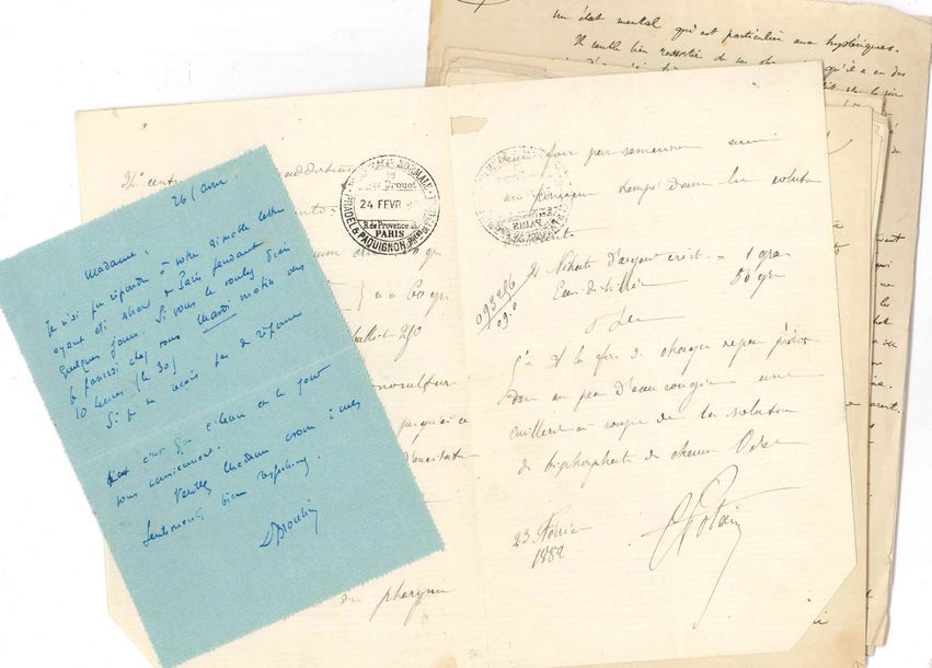 Médecine. 37 lettres, pièces ou cartes de visite, la plupart L.A.S. (une incomplète) ; une en allemand, 7 en anglais.
   Adolphe Bertillon (1872), Theodor Billroth (Wien 1891), André Brocchi (2), Benjamin C. Brodie (1853), Paul Brouardel (1886), Augustin Cabanès, Augsute-François Chomel (ordonnance, 1846), Astley Cooper, Paul Dubois (2, dont une de 1857 au baron Haussmann), Charles Ducroquet (2), Marshall Hall (Londres 1830), J. Huneau (ordonnance), Ernest Jaeggy, Gustave Le Bon (à F. Baldensperger, 1916), Joseph Lister (fin de l.a.s.), Morell MacKenzie (1888), Ernest de Massary, Boleslas Motz (ordonnance), James Paget (2, Londres 1877-1882) , Carl Potain (ordonnance, 1882, et fragments de manuscrits), Albert Terson, Willy von Speyr, A. Vautrin, etc. Plus des fragments de manuscrits de conférences : sur des substances médicamenteuses (cocaïne, chloral, terpine), le charbon chez l’homme et le traitement par la cautérisation, la pleurésie, la fièvre paludienne, la fièvre tuberculeuse.