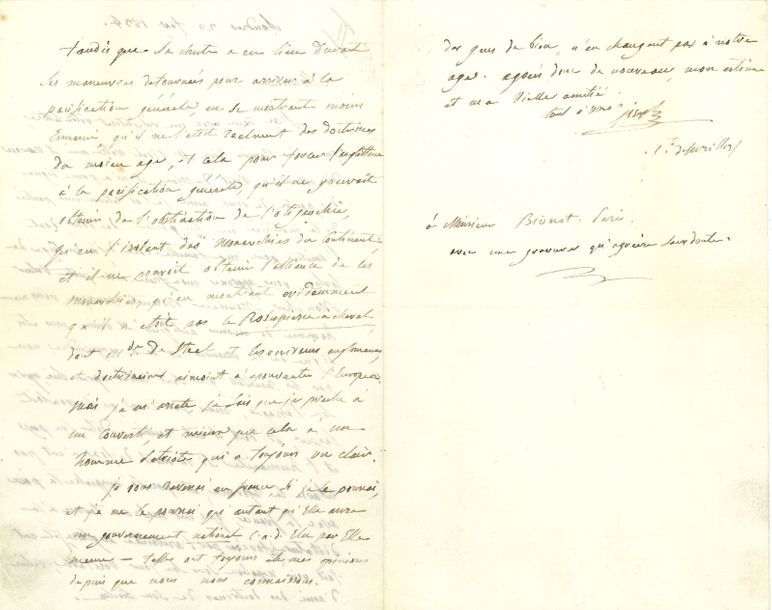 Joseph Bonaparte. L.A.S. « Joseph Cte de Survilliers », Londres 20 février 1834, à Jean-Daniel-Mathieu Boisnod, à Paris ; 2 pages et demie in-8.
   Belle lettre sur Napoléon à un fidèle de sa famille. [Boisnod fut commissaire des guerres au siège de Toulon, puis à l’Armée d’Italie, membre de l’expédition d’Égypte, et attaché au ministère de la Guerre du royaume d’Italie ; il rejoignit l’Empereur à Elbe, revint avec lui et devint inspecteur en chef aux revues de la Garde impériale ; sous la Restauration, il fut agent de la Manutention des vivres de Paris.]
   Boisnod, « dont l’amitié pour ma famille date déjà du siège de Toulon, vous appréciés mon frère à sa juste valeur […] parce que, vous-même homme de mœurs antiques et vraies vous êtes digne de le mesurer et de le comprendre, non par les résultats qui sont restés après lui, après son passage, mais par ceux qu’il vouloit laisser, et dont il eût réussi à doter son pays et l’humanité si la mort de Fox [partisan de la paix de l’Angleterre avec la France] n’eut pas retardé la réforme, et par là empêché la paix avec la France, qui eût mis un terme à la dictature forcée par l’aristocratie anglaise, et eût fait voir Napoléon sous son jour véritable, celui d’ami des doctrines de son siècle. Tandis que sa chute a eu lieu durant ses manœuvres détournées pour arriver à la pacification générale, en se montrant moins ennemi, qu’il ne l’étoit réellement des doctrines du moien âge, et cela pour forcer l’Angletterre à la pacification générale, qu’il ne pouvoit obtenir de l’obstination de l’oligarchie, qu’en l’izolant des monarchies du Continent, et il ne pouvoit obtenir l’alliance de ces monarchies, qu’en montrant évidemment qu’il n’étoit pas le Robespierre à cheval dont Mde de Staël et les écrivains anglomanes, et doctrinaires aimoient à épouvanter l’Europe »… Joseph ne reviendra en France « qu’autant qu’Elle aura un gouvernement national c. à d. élu par Elle-même »…