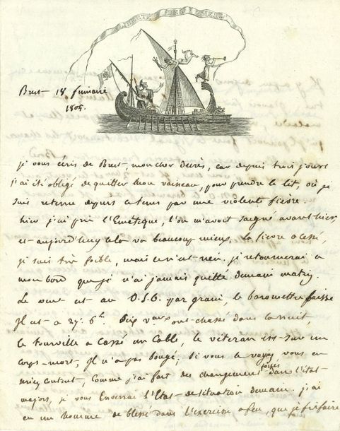 Jérôme BONAPARTE (1784-1860) frère de Napoléon, il fut Roi de Westphalie. L.A.S., Brest 18 frimaire [9 décembre] 1805, à l’amiral Decrès ; 3 pages in-4, belle vignette gravée Liberté des Mers [variante de Boppe & Bonnet 174].
   Belle lettre personnelle, écrite par Jérôme alors qu’il a repris du service dans la Marine, quelques jours après Austerlitz.
   Jérôme est à Brest, malade. Il donne des nouvelles des vaisseaux, le Tourville, le Vétéran ; il a « fait des changements forcés dans l’état-major [...] Il eut été à desirer, mon cher Decrès que vous eussiez pu faire payer aux officiers, 3 mois de traitement de table d’avance ; car celui qui leur a été donné est échu ou echeoira avec frimaire. Vous voyez mon cher Decrès que puisque j’ai endossé l’habit, je le porte, et à la première affaire vous apprendrez que je sais me servir de mon vau. J’ai laissé connoître au gal Willaumez que ce seroit mal faire la cour à l’Empereur et à moi, que de dire sur mon compte autre chose que l’exacte vérité ; qu’en fait de service je ne croyois pas avoir besoin d’indulgence. Dites bien à l’Empereur, mon cher Decrès, que n’importe quel sacrifice, qu’il pourroit me demander, je n’en excepte qu’un [allusion à son mariage avec Elisa Patterson annulé par décret de Napoléon en mars], il cesse d’en être un pour moi sitôt que cela peut lui être agréable ; je suis déjà assez malheureux de n’avoir pu faire la Campagne d’Allemagne [la glorieuse campagne d’Austerlitz] auprès de lui, on peut bien dire qu’Elle est la Mithologie de l’histoire »...