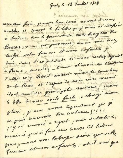 Jérôme BONAPARTE. L.A.S., Gratz 18 juillet 1814, à son frère [Lucien Bonaparte] ; 1 page ¾ in-4.
   Belle lettre familiale, alors que Napoléon est à l’île d’Elbe. [Jérôme attend la naissance de son premier enfant avec Catherine de Wurtemberg, qu’il avait épousée en 1807 ; Jérôme Napoléon Charles, prince de Montfort (1814-1847), naîtra le 24 août à Trieste.]
   Il aurait aimé avoir des nouvelles de Lucien, et demande si la lettre qu’il lui a adressée à Londres lui est parvenue ; « comme vous avez laissé votre femme et vos enfants je suis dans l’incertitude si vous restez definitt à Rome, mandez-le-moi. J’avois eu l’intention d’aller m’y établir avant même les couches de la Reine, et l’espoir de vous voir reuni étoit une des principales raisons ; mais la lettre de mon oncle Fesch a changé mon plan, je vous avoue cependant que je ne puis concevoir son contenu !!!!! J’y ai renoncé à regret […] Est-il vrai que Lolotte [l’aînée de Lucien, future princesse Gabrielli] est mariée ? La Reine [Catherine de Wurtemberg] me charge de vous dire mille choses aimables et de vous observer que vous n’avez pas encore repondu a la lettre qu’elle vous a ecrite de Paris lors de notre mariage [en 1807 !] ; cependant elle vous aime, car elle sait la tendre amitié que je vous ai toujours porté »…