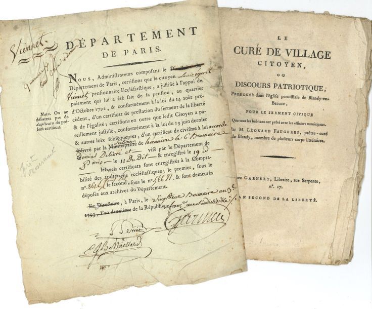 Clergé. 2 P.S. et 6 imprimés, 1789-1794.
   Circulaire du ministre de la Justice sur la répression de désordres imputables aux prêtres factieux et hypocrites (1792). Certificat de justification de la pension d’un prêtre assermenté (1795, signé par E.J.B. Maillard). Second discours sur la liberté françoise prononcé le 31 août 1789 dans l’église paroissiale de Sainte-Marguerite, en présence des trois Districts réunis du faubourg S.-Antoine, par l’abbé Fauchet. Lois relatives aux secours accordés à des maisons de religieuses, et au serment des prédicateurs. Le Curé de village citoyen par Léonard Faugères, prêtre. Affiche d’un Arrêté du Directoire des Bouches-du-Rhône, au sujet du curé de Cabriès (propos incendiaires, résistance aux lois). Les Rigueurs du cloître, chanson (répar.).