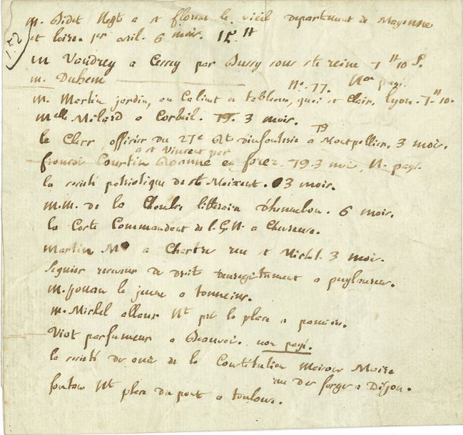 Camille DESMOULINS (1760-1794) journaliste et orateur révolutionnaire, conventionnel (Paris), ardent Montagnard, guillotiné avec Danton. Note autographe, [avril 1792 ?] ; 1 page petit in-4 (contrecollée).
   Liste d’abonnés, sans doute à La Tribune des patriotes que Desmoulins fonda avec Fréron. Composée de 17 noms et adresses en province, cette liste indique des sommes versées ou la mention « non payé », et quelques précisions de « 6 mois » ou « 3 mois ». La date du « 1er avril », à l’entrée initiale, suggère qu’il s’agit d’abonnements anticipés à La Tribune des patriotes, qui parut entre le 30 avril et mai 1792, et non du Vieux Cordelier (5 décembre 1793-3 février 1794). Figurent sur cette liste : M. Bidet, négociant à Florent-le-Vieil (Maine-et-Loire), pour 2 exemplaires ; M. Martin Jardin, « au Cabinet de tableaux, quai St Clair, Lyon », Mlle Milord, à Corbeil ; Le Clerr, officier du 27e régiment d’infanterie à Montpellier ; François Courtin, à Saint-Vincent par Roanne en Forez ; la Société patriotique de Saint-Maixent ; la Chambre littéraire d’Hennebont (Morbihan) ; Séguier, receveur des droits d’enregistrement à Puylaurens (Tarn) ; M. Michel Allour, négociant à Pamiers (Ariège) ; la Société des amis de la Constitution à Dijon… Etc.
   On joint son pamphlet La France libre, seconde édition (1789).