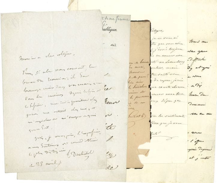 Divers. Environ 25 lettres ou pièces, la plupart L.A.S. ou P.S.
   Tanneguy Duchâtel, François Guizot, François de La Rochefoucauld, Charles-François Lebrun (brevet contresigné par Bigot de Préameneu), Mathieu Molé, Étienne Pasquier, Charles Rémusat, Saint-Marc Girardin (avec note de Joseph-Marie de Gérando), Jean-Baptiste Saint-Martin, Narcisse-Achille de Salvandy, Abel Villemain… Ensemble de 13 documents relatifs à l’abbé Jean-Augustin Gerfroid (signés par Joseph Fauchet, Joseph-Balthazar Siméon, etc.). Décret de la Convention nationale relatif au recrutement militaire, etc.