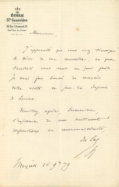 Stanislas DU LAC (1835-1909) Jésuite, fondateur de l’Action catholique de la jeunesse française. 4 L.A.S., Paris 1879, [à Léonce Détroyat] ; 5 pages et demie in-8, en-têtes École Ste Geneviève.
   14 juillet. Le journal de son correspondant « ne peut continuer à servir efficacement notre cause qu’autant que l’alliance à laquelle vous ne vous refusez pas reste inconnue »… Il lui adresse deux brochures à signaler à ses lecteurs… Novembre-décembre, 3 lettres au sujet d’une rencontre à l’École Monge.