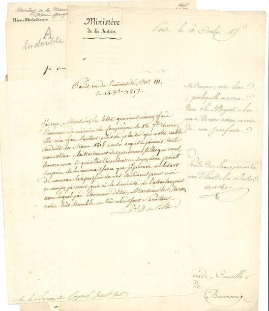 Empire. 7 L.A.S. ou L.S.
   François Barbé-Marbois (garde des Sceaux, 1815), Antoine Boulay de la Meurthe (à Anisson-Dupéron, défauts ; plus une de son fils Henri, vice-président de la République), Guillaume Clarke duc de Feltre (1817), Pierre-Victor Malouet (au comte Français de Nantes, fendue), Hugues Maret duc de Bassano, Dominique Pérignon (à l’abbé de Montesquiou, 1814).
