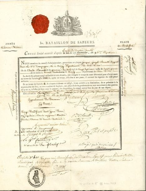 Eure-et-loir. 34 lettres ou pièces, la plupart L.S., P.S. ou L.A.S.
   Prix aux Écoles de la Providence à Chartres (180). Quittance de contribution patriotique de Chartres (1791). Affiches de ventes de biens nationaux (1796). Congé militaire (1798, signé par le général Fournier). Affiche du programme de l’École centrale (1801). Feuille de route d’un garde national (1815). Patente d’huissier à Illiers (1823). Documents relatifs aux barrages et à l’irrigation de Brézolles (1856). Lettres ou pièces signées par Louis Baraguey d’Hilliers, Chauveau-Lagarde, Jean-Louis Fournier, Lubin-Denis Godard, Jérôme Guillard, Louis-Antoine de Noailles, Jules Renard (épicier, propriétaire, auteur), etc.