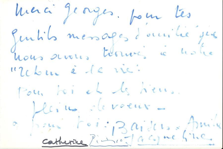 Pablo PICASSO (1881-1973). L.S., au bas d’une L.A.S. de sa femme Jacqueline, [à Georges Gosnat] ; carte oblong in-8 reproduisant un dessin de corrida, texte sur le volet intérieur.
   Jacqueline Roque remercie Georges des messages d’amitié « que nous avons trouvés à notre “retour à la vie”. Pour toi et les tiens, pleins de vœux – & pour toi : Baisers & Amitié Jacqueline ». Picasso a signé, ainsi que la fille de Jacqueline, Catherine Hutin.