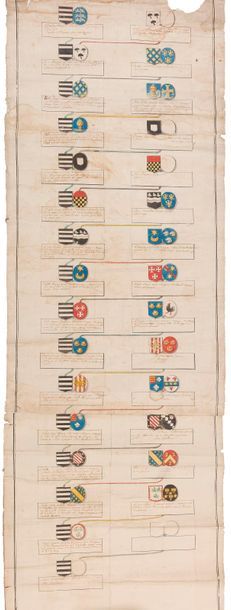 Flandre. Environ 50 lettres ou pièces, la plupart signées, Gand, Tournai, Lille, Malines, Wismes, Bruxelles XVIe-XVIIIe siècle. 
   Blasons aquarellés sur vélin (brevet signé de Charles d’Hozier, rouleau généalogique entoilé de nombreux blasons des Petitpas, etc.). Mémoire, arrêtés, bail, reçus, certificats… Correspondance administrative (nombreuses lettres à l’avocat fiscal de la gouvernance de Lille)… On rencontre les noms de Petitpas de Walle, Petitpas de Belleghem Van Torre, Tallon, Bady de Tilloy, Vos de Teenwyck, d’Huÿ, Boembeke, Warenghien, etc. On joint 3 convocations aux États de la province, et un Mémoire pour une affaire en appel devant la Cour du Parlement de Douai.
