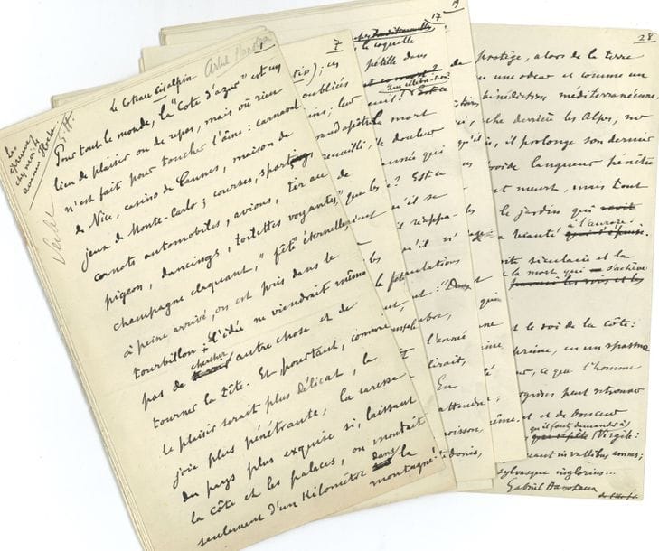 Gabriel HANOTAUX (1853-1944) historien, homme politique et ministre. 2 manuscrits autographes signés ; 10 pages et demie in-4 et 29 pages in-8.
   Les Belgiques. Récit d’un tour en Belgique et Hollande : évocation des arts, observations des mœurs, réflexions sur l’histoire et conclusion morale en faveur de la tolérance… Le Coteau cisalpin. Savant tableau de la Côte d’Azur, faisant appel à l’histoire et à la légende, aux lettres classiques et à la botanique. « Toutes les grandes histoires se rencontrent et s’entremêlent ici, puisque c’est, en somme, le couloir qu’il faut franchir pour passer d’Orient en Occident, de mer en continent, de Méditerranée en Europe »…